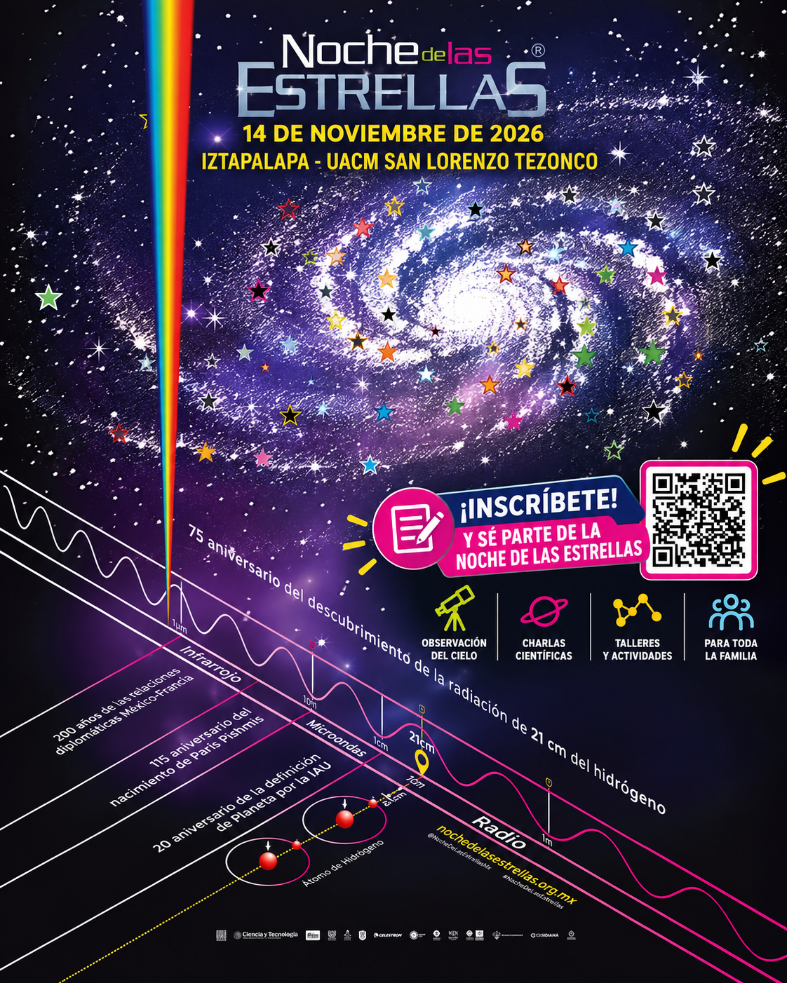 Cartel de Noche de las Estrellas 2026, 14 de noviembre, Iztapalapa, UACM San Lorenzo Tezonco. Incluye la invitación a participar y un código QR. También puedes acceder mediante el enlace al formulario.