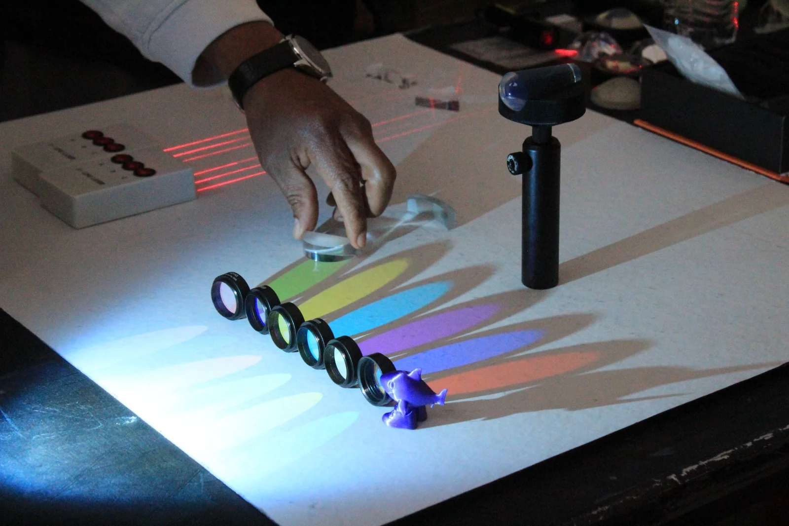 Demostración de óptica con filtros de colores y una fuente de luz.